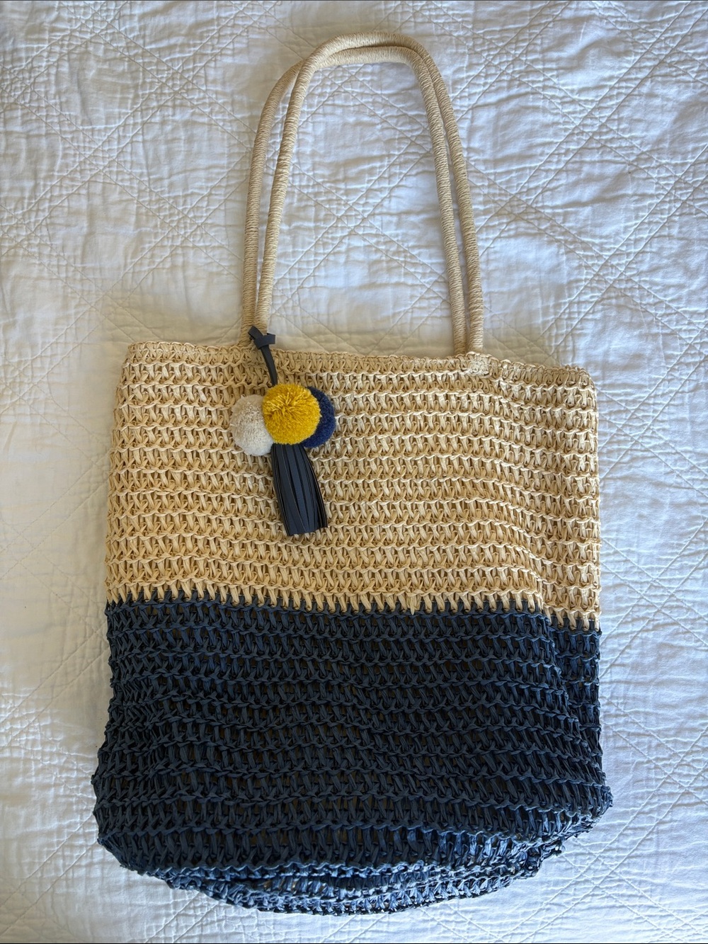 Old Navy Two-Tone Beige and Blue Woven Beach Tote with Pom-Pom Charm